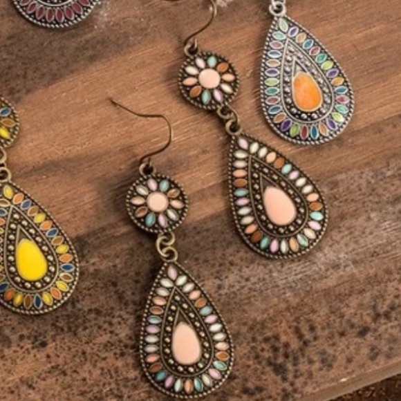 Boho Rhinestone Tribal Multi-Colored Drop Earrings - Picture 2 of 2